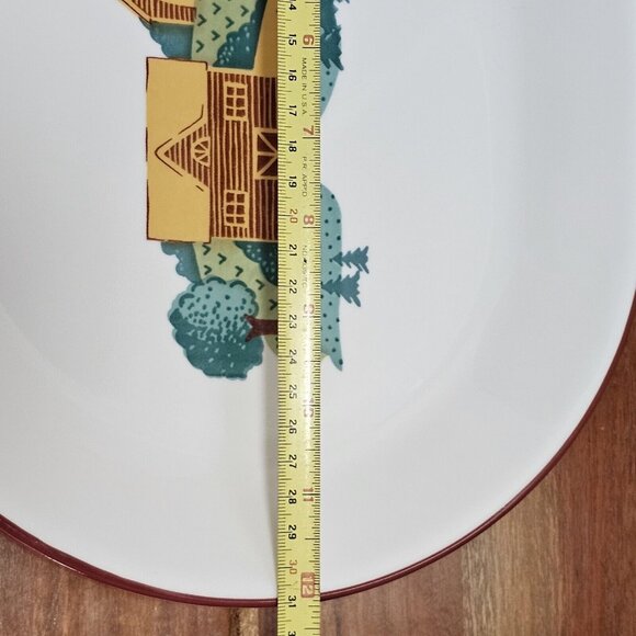 Corelle Corning Landscape Oval Serving Platter 12" red rim logcabin trees feilds - Picture 9 of 10